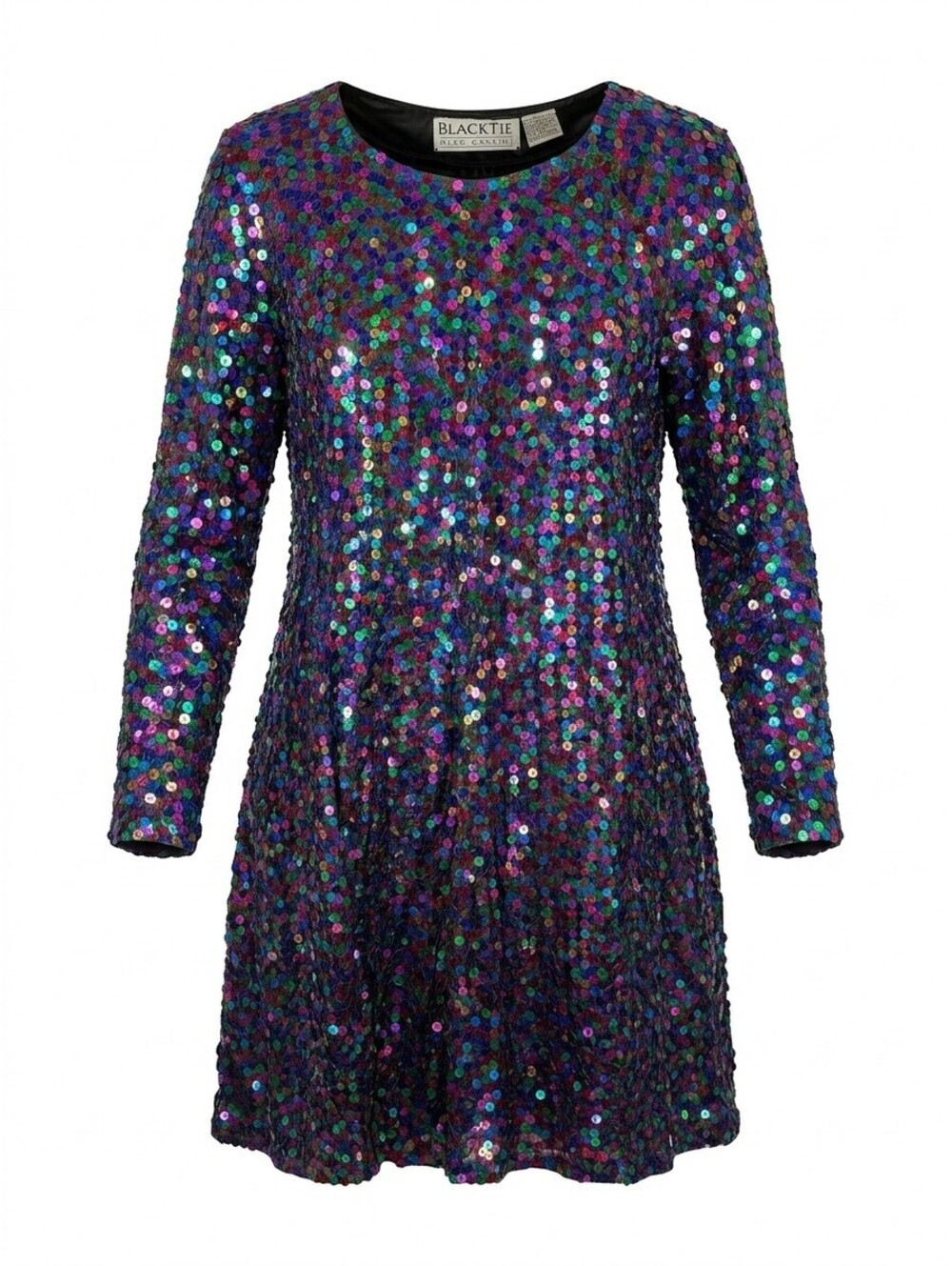 Oleg Cassini Black Tie Sequin Paillette Swing Dress Womens Multicolor Rainbow